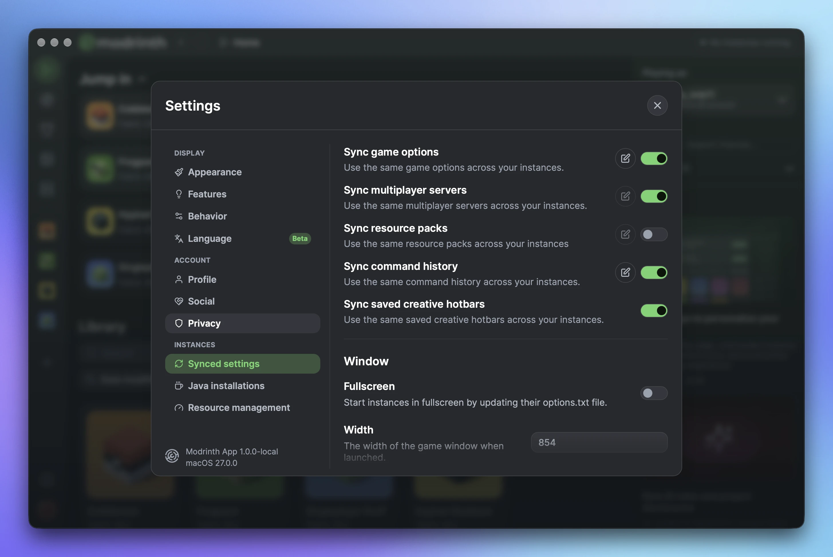 The app settings for syncing content across instances.